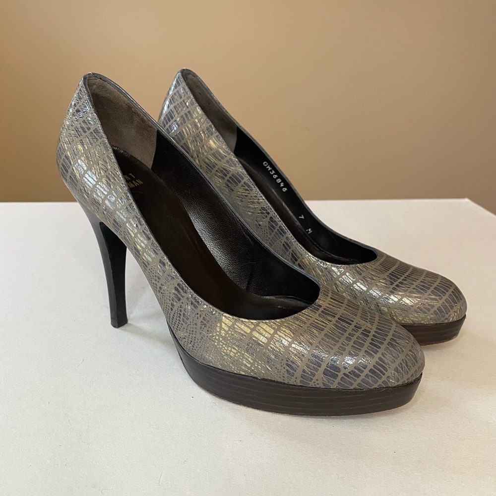 Stuart Weitzman Platform Pumps Gray Snake Leather… - image 1